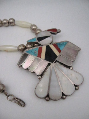 Vintage Native American Made Multi Stone and Shell Inlay and Sterling Silver Thunderbird Pendant Necklace