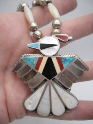 Vintage Native American Made Multi Stone and Shell Inlay and Sterling Silver Thunderbird Pendant Necklace