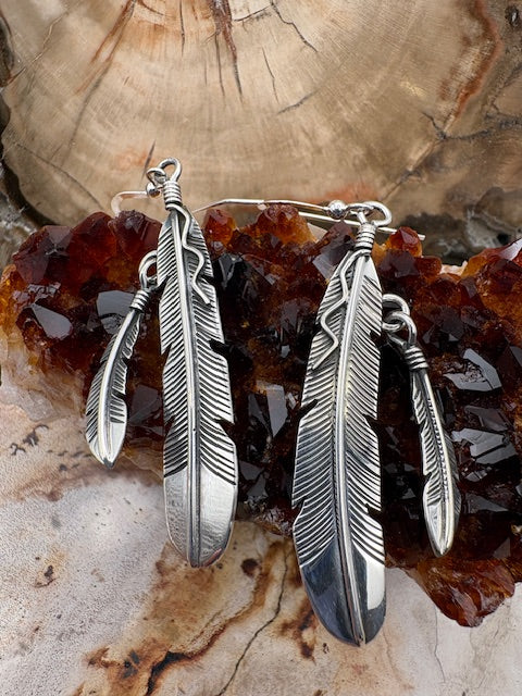 Authentic Native American Made Sterling Silver Double Feather Earrings