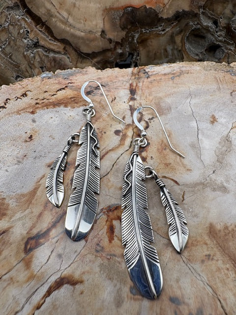 Authentic Native American Made Sterling Silver Double Feather Earrings