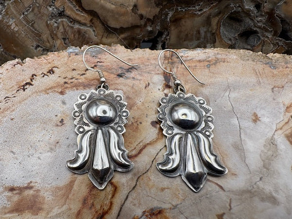 Genuine Sterling Silver Repousse Bump Out Dangle Earrings Authentic Native American Made Stamped Sterling Silver Dangles