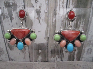 Native American Made Multi Stone/Shell and Sterling Silver Half Cluster Post Back Earrings