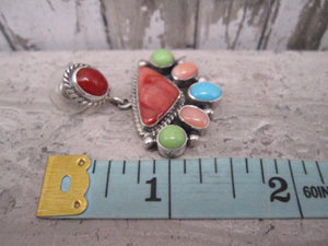 Native American Made Multi Stone/Shell and Sterling Silver Half Cluster Post Back Earrings
