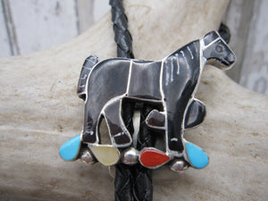 Native American Made Zuni Dainty Inlay Horse Bolo Tie