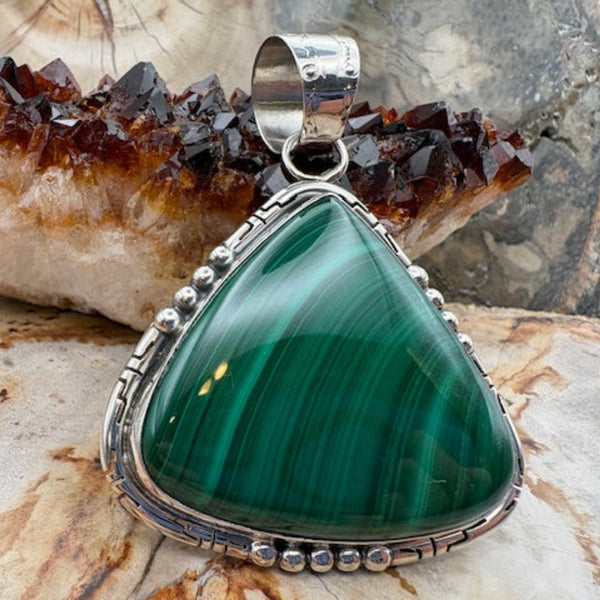 Genuine Very Large Malachite Sterling Silver Pendant Authentic Native American Navajo Made Pendant