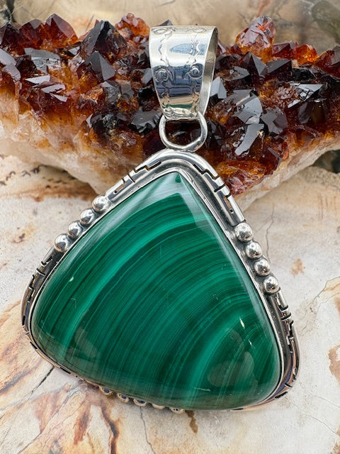 Genuine Very Large Malachite Sterling Silver Pendant Authentic Native American Navajo Made Pendant