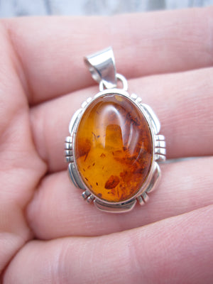 Native American Made Amber and Sterling Silver Pendant