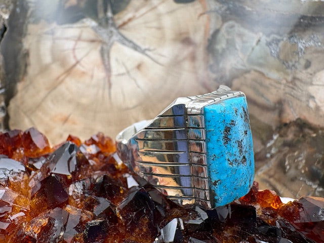 Genuine Turquoise and Sterling Silver Men’s Ring Authentic Native American Made Size 12 1/2 Ring