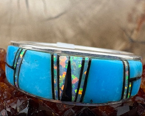 Men’s Genuine Turquoise Opal Inlay Sterling Silver Band Ring Authentic Native American Made Size 10 1/4