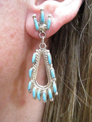 Native American Made Blue Turquoise Needlepoint Dangle Earrings.