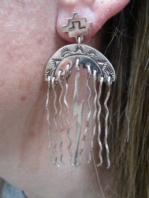 Native American Made Sterling Silver Super Unique Rain Cloud with Lightening Dangle Earrings