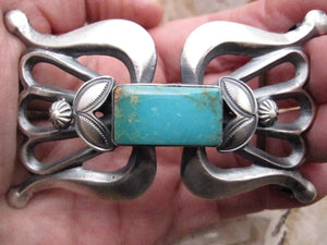 Native American Made Sterling Silver Belt Buckle with Turquoise Stone
