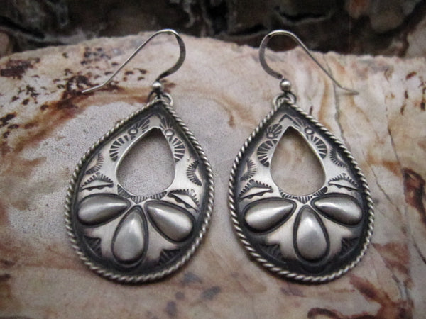 Native American Made Hand Stamped Sterling Silver Earrings with Repousse