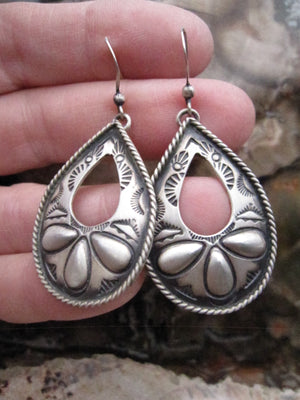 Native American Made Hand Stamped Sterling Silver Earrings with Repousse