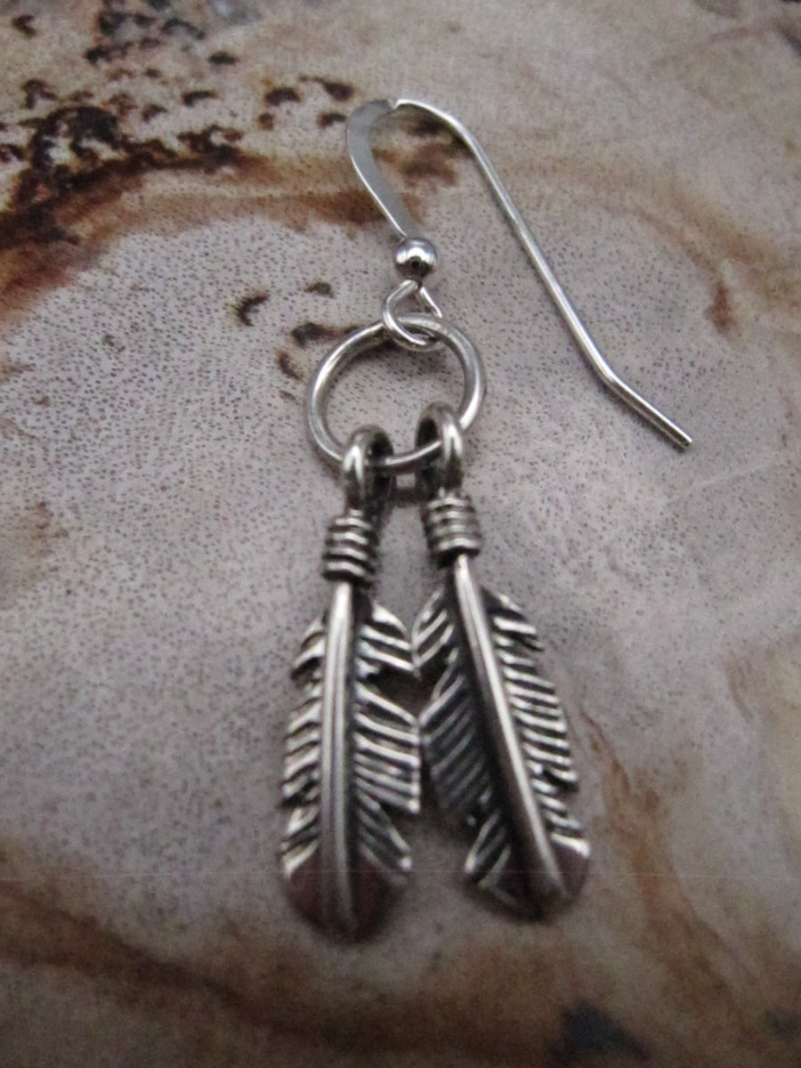 Native American Made Petite Sterling Silver Double Feather Earrings