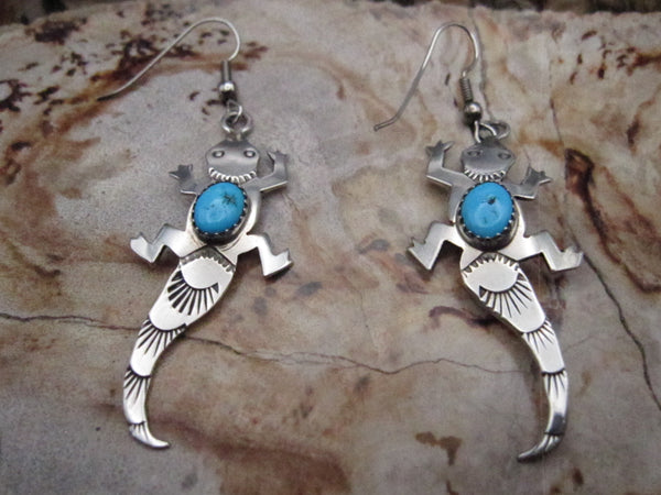 Native American Made Sterling Silver Turquoise and Lizard Earrings