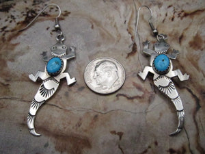 Native American Made Sterling Silver Turquoise and Lizard Earrings