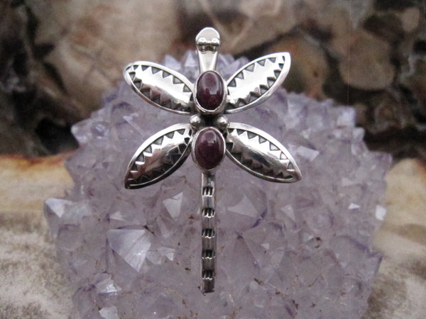 Native American Made Purple Spiny Oyster and Sterling Silver Dragonfly Pin
