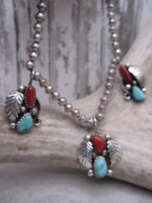 Vintage Native American Made Turquoise, Coral, and Sterling Silver Medallions on Small Handmade Navajo Pearl Choker Necklace