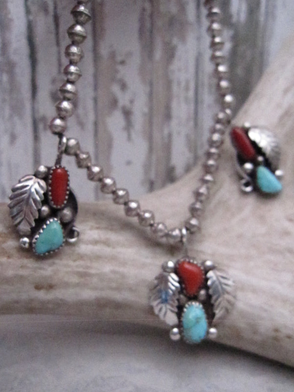 Vintage Native American Made Turquoise, Coral, and Sterling Silver Medallions on Small Handmade Navajo Pearl Choker Necklace