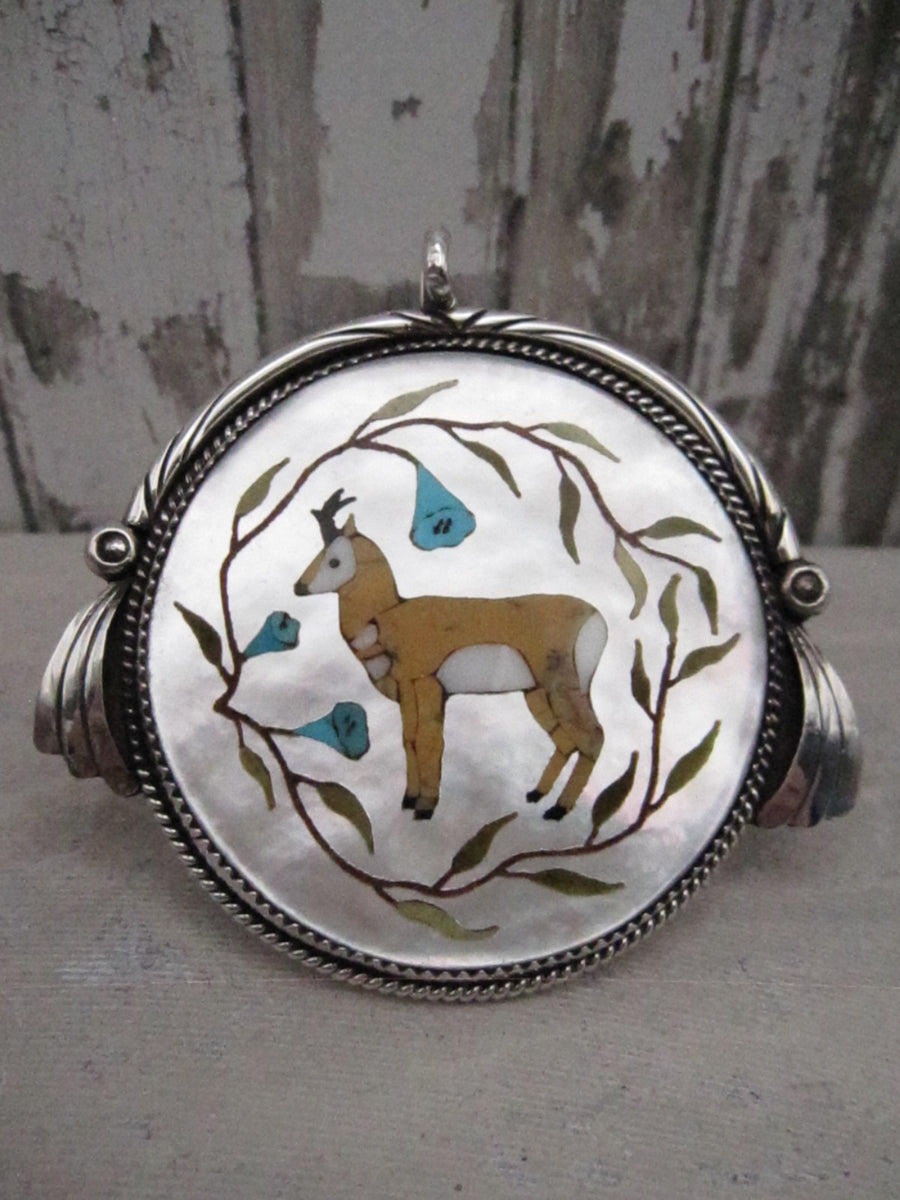 Vintage Native American Made One of a Kind Mother of Pearl with Inlay Pronghorn and Sterling SIlver Pendant