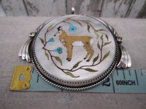 Vintage Native American Made One of a Kind Mother of Pearl with Inlay Pronghorn and Sterling SIlver Pendant