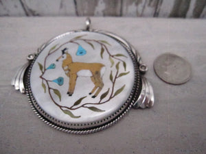 Vintage Native American Made One of a Kind Mother of Pearl with Inlay Pronghorn and Sterling SIlver Pendant