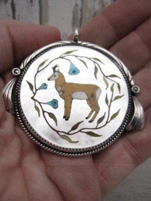 Vintage Native American Made One of a Kind Mother of Pearl with Inlay Pronghorn and Sterling SIlver Pendant