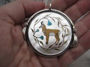 Vintage Native American Made One of a Kind Mother of Pearl with Inlay Pronghorn and Sterling SIlver Pendant