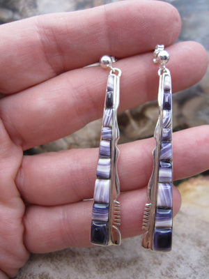 Native American Made Inlay Wampum and Sterling Silver Dangle Post Earrings by Calvin Begay
