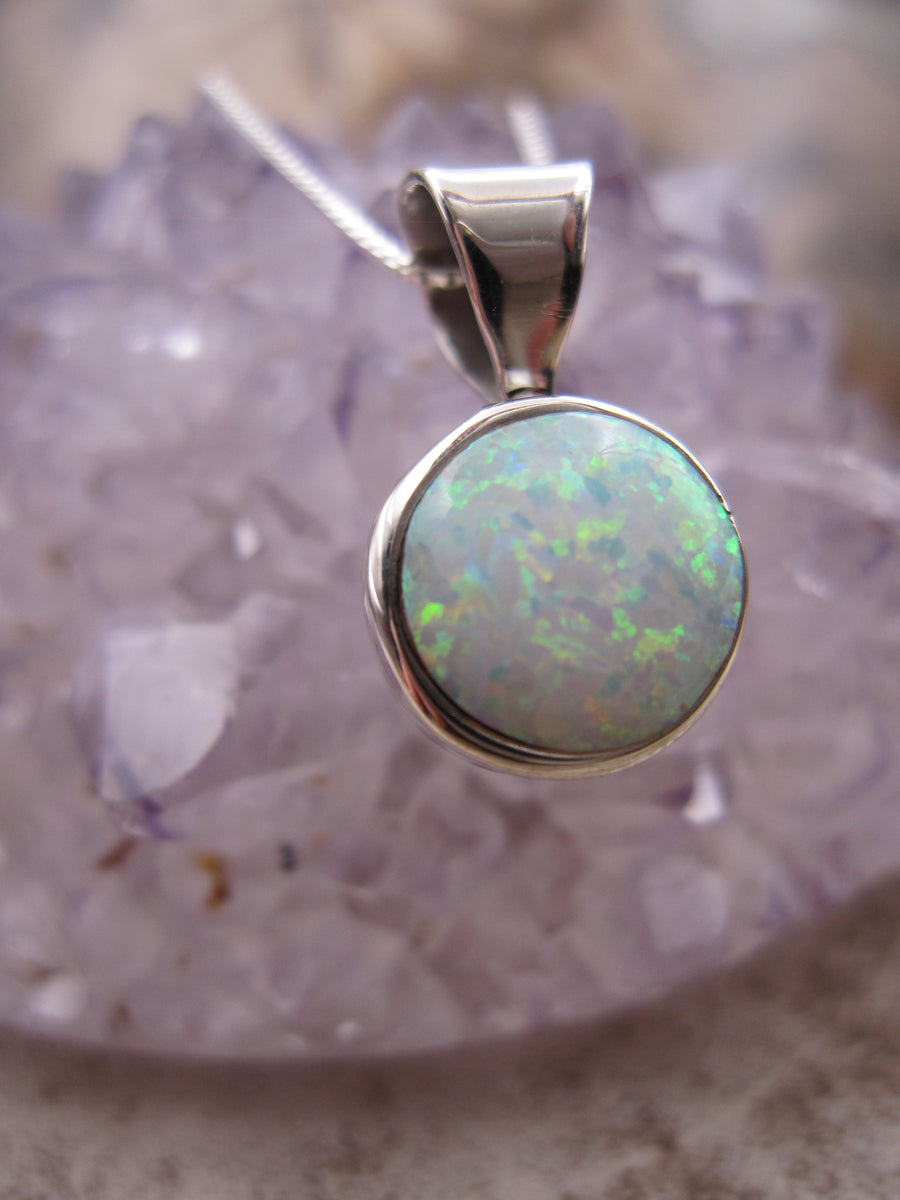 Native American Made Dainty Opal and Sterling Silver Pendant with Chain