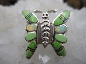 Native American Made Gaspeite with Opal Inlay and Sterling Silver Butterfly Pin
