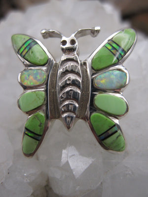 Native American Made Gaspeite with Opal Inlay and Sterling Silver Butterfly Pin