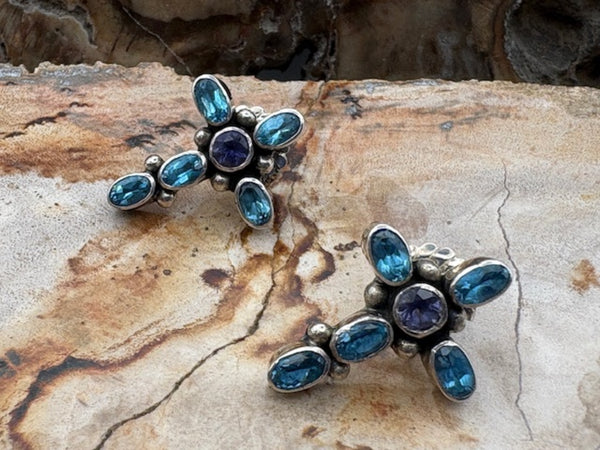 Genuine Blue Topaz Amethyst Cross Earrings Authentic Native American Made Gem Stone Cross Posts