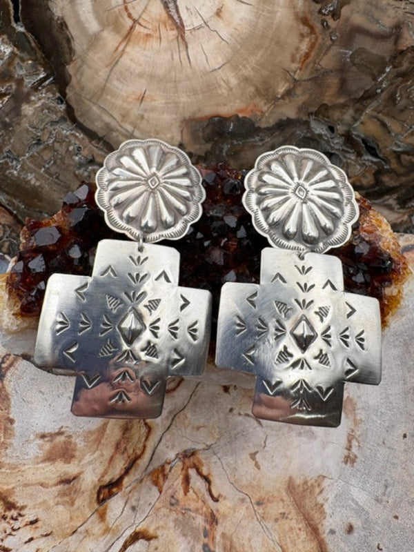Authentic Native American Made Stamped Sterling Silver Four Direction Cross Earrings Navajo Made Concho Post Southwest Earrings