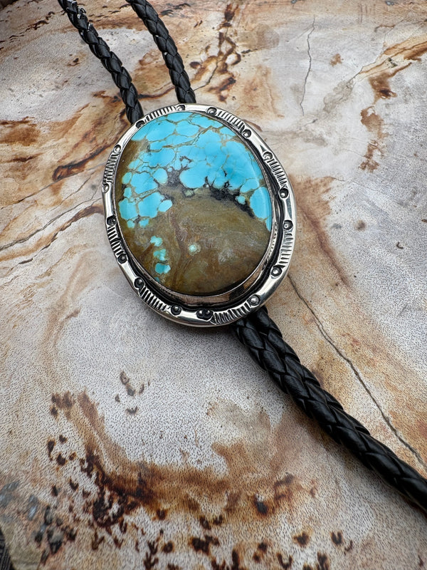 Genuine Turquoise Sterling Silver Bolo Tie Authentic Native American Made String Tie