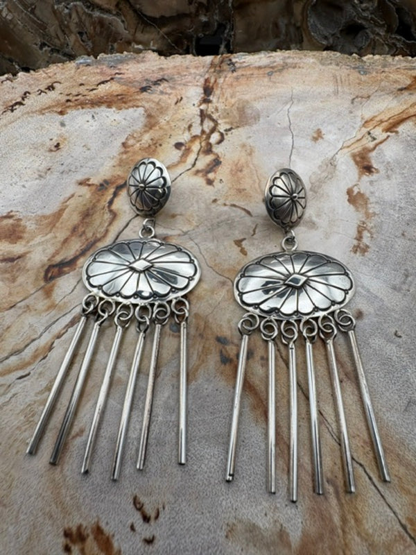 Authentic Native American Handmade Stamped Sterling Silver Long Dangle Concho Style Southwestern Cowgirl Hippie Earrings