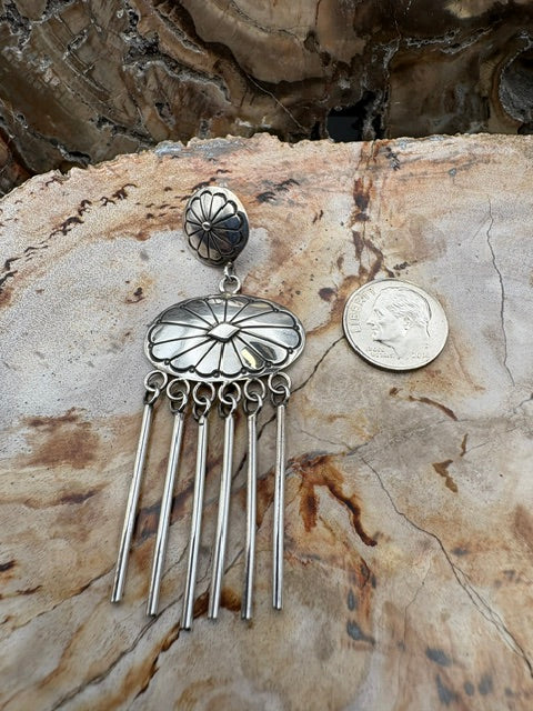 Authentic Native American Handmade Stamped Sterling Silver Long Dangle Concho Style Southwestern Cowgirl Hippie Earrings