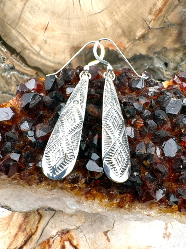 Genuine Sterling Silver Authentic Native American Navajo Made Stamped Dangle Earrings