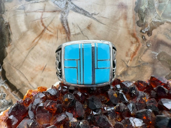 Genuine Turquoise Inlay Sterling Silver Kokopelli Authentic Native American Made Large Men's Turquoise Size 12 1/4