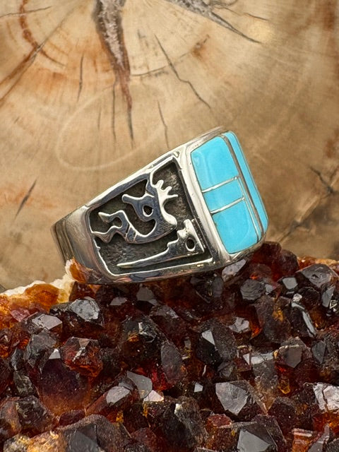 Genuine Turquoise Inlay Sterling Silver Kokopelli Authentic Native American Made Large Men's Turquoise Size 12 1/4