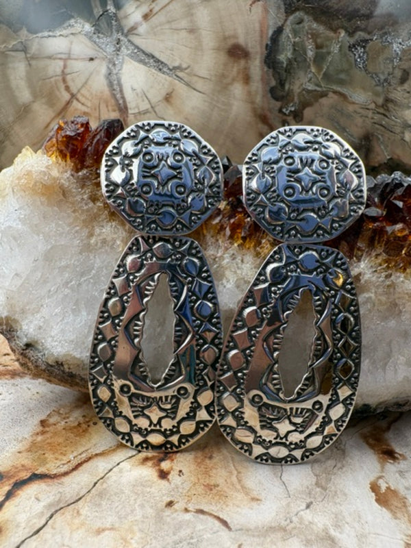 Genuine Stamped Sterling Silver Dangle Earrings Authentic Native American Navajo Made Post Earrings