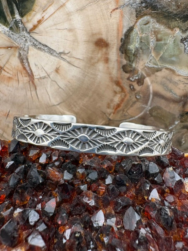 Genuine Sterling Silver Stamped Cuff Authentic Native American Made Stacker Bracelet Navajo Jewelry