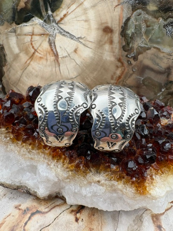 Authentic Native American Made Stamped Sterling Silver Post Hoop Southwestern Earrings