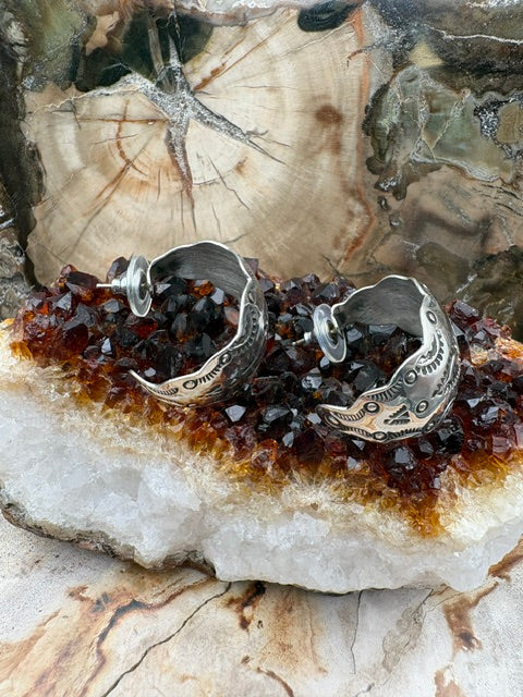 Authentic Native American Made Stamped Sterling Silver Post Hoop Southwestern Earrings