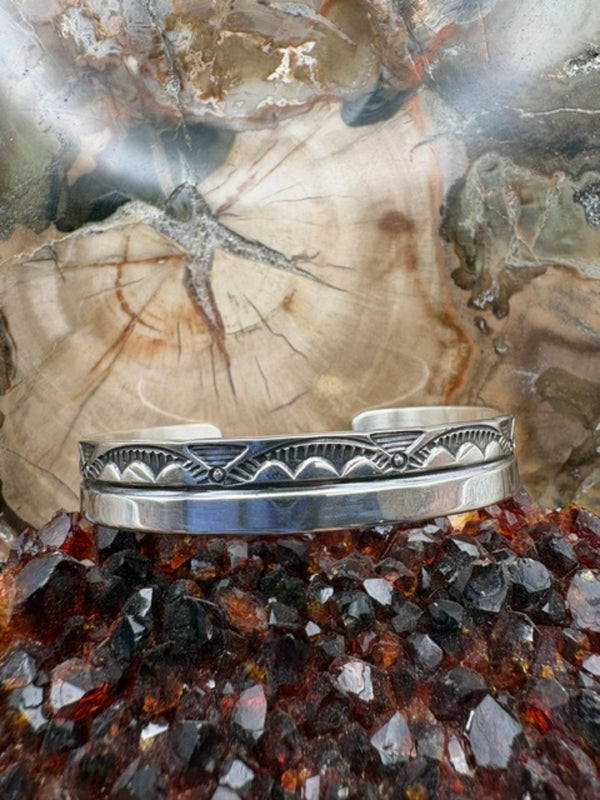 Genuine Sterling Silver Stamped Cuff Authentic Native American Made Stacker Bracelet Navajo Jewelry Size 6 1/4