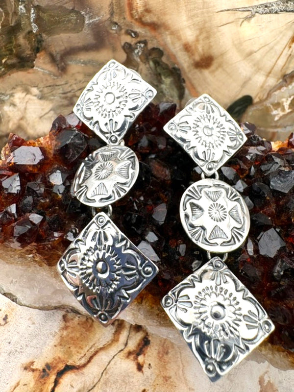 Genuine Sterling Silver Concho Dangle Earrings Authentic Native American Navajo Made Stamped Silver Post Earrings