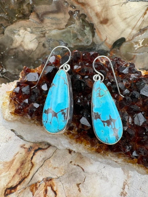 Genuine Turquoise and Sterling Silver Earrings Authentic Native American Navajo Made Blue Turquoise Dangle Earrings