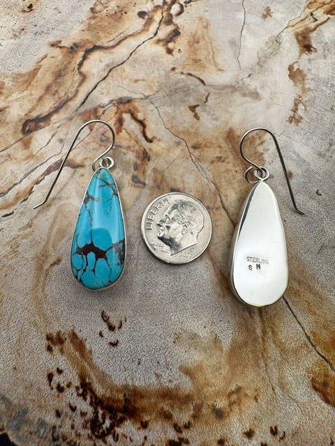 Genuine Turquoise and Sterling Silver Earrings Authentic Native American Navajo Made Blue Turquoise Dangle Earrings