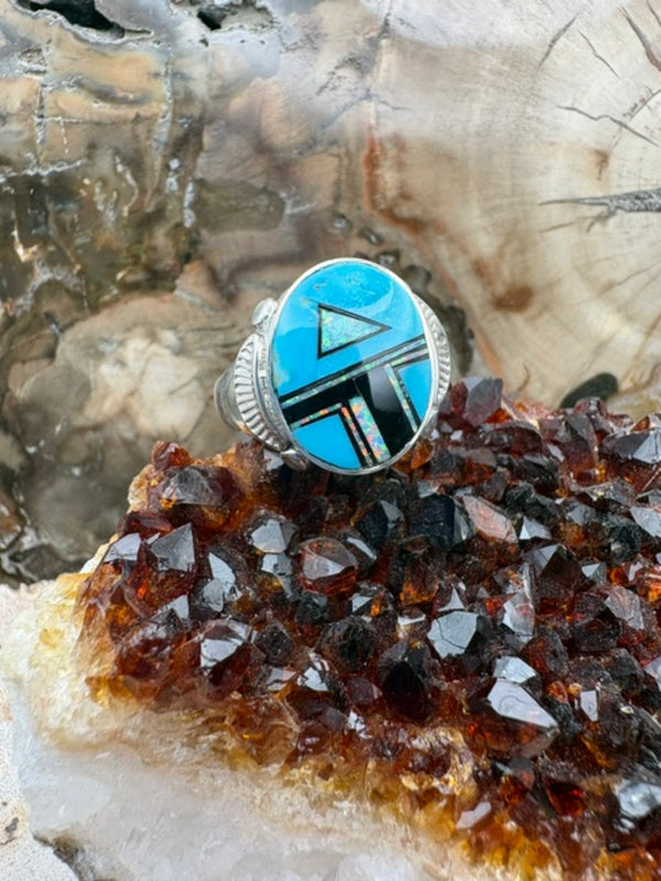 Genuine Turquoise and Sterling Silver Men's Ring Authentic Native American Made Inlay Blue Turquoise Opal Onyx Man's Ring Size 12